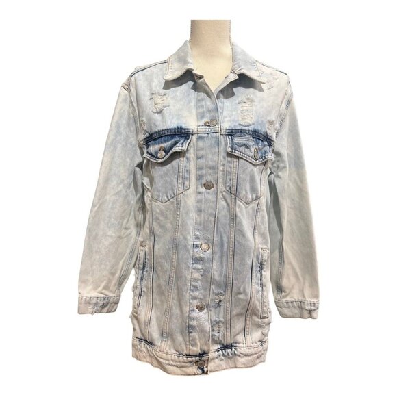 We The Free Small Denim Jean Jacket Distressed Light Wash Oversized Trucker‎ - Picture 1 of 10